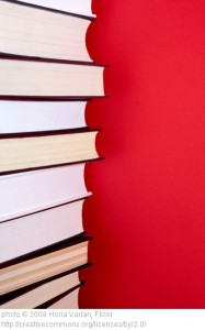 stack of books on red